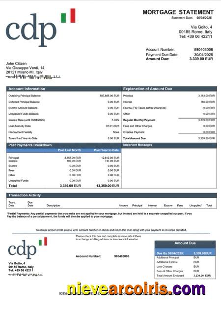 Italy Cassa Depositi e Prestiti mortgage statement Word and PDF template